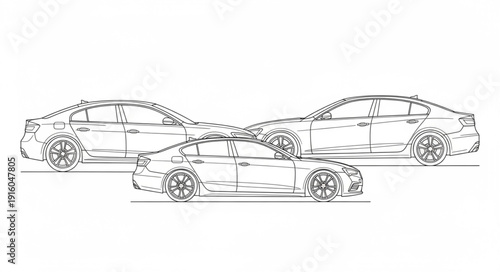 Three modern car outlines in a row artistic sketch.