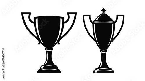 Two ornate trophy cups depicted in a striking black silhouette