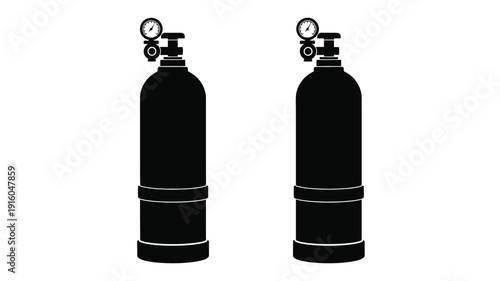 Two black scuba tanks are displayed in a stark silhouette