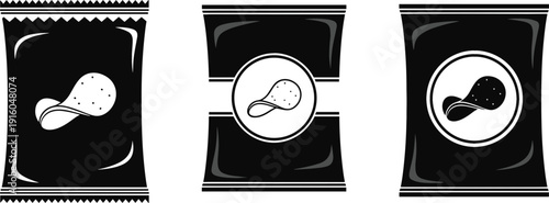 Potato Chips Snack Packaging Mockup Set Crispy Junk Food Bag Design Black White Vector Collection