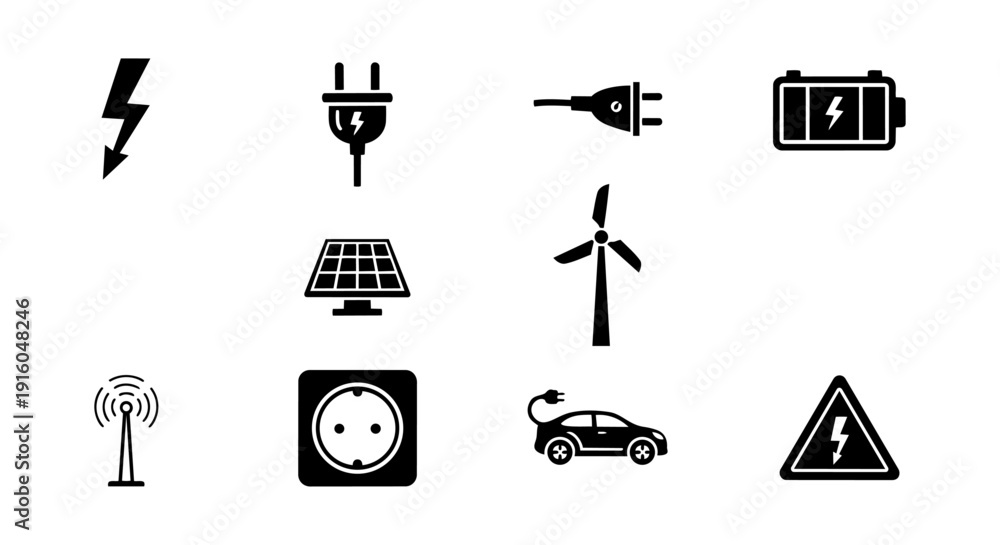 Fototapeta premium Electric Power, EV Charging & Renewable Energy Icon Set