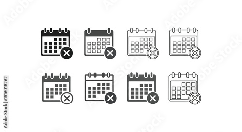 Collection of various stylized calendar icons illustrating the concept of canceling or deleting an appointment schedule