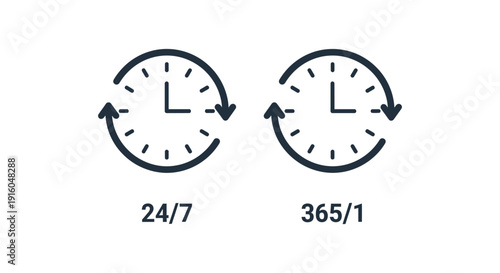 Two minimalist black and white icons representing continuous availability for service support or business operations.
