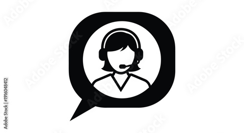 Simple black and white icon representing a female customer service agent inside a speech bubble graphic