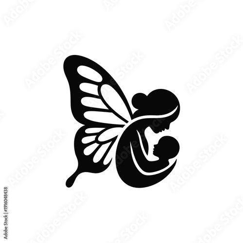 A black silhouette of a pregnant woman with a butterfly wing design
