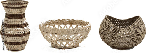 Professional vector illustration of an elegant wicker vase and intricately woven rattan baskets for eco-friendly interior decor and traditional craft design