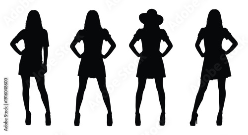 Set of four distinct female silhouettes wearing short dresses and high heels