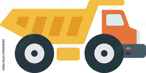 Colorful dump truck icon illustration, flat vector construction vehicle, heavy machinery transport graphic, industrial work equipment symbol isolated on white