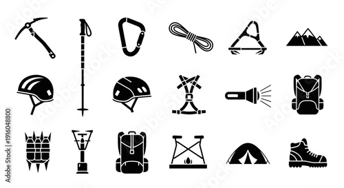 A unique set of twelve black silhouette icons illustrating essential mountain climbing equipment in abstract, minimalist forms. Each icon represents a different tool such as ropes, carabiners