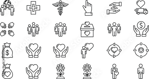 Charity and Donation Line Icons Set Healthcare Support Volunteer Care Medical Insurance Outline Collection Fundraising Philanthropy Assistance Symbols