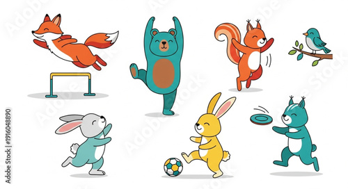 Cute cartoon animals playing sports and exercising together.