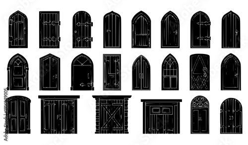 Vintage and Decorative Door Silhouette Vector Set with Rustic and Gothic Styles