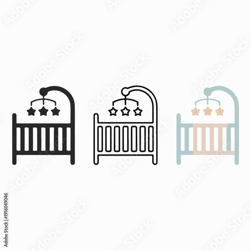 Baby Crib Icons – Solid, Outline & Pastel Color Variants – Vector Nursery UI Set for Apps & Websites