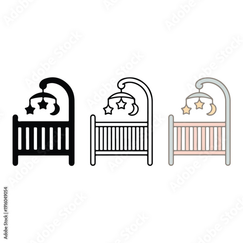 Baby Crib Icons – Solid, Outline & Pastel Color Variants – Vector Nursery UI Set for Apps & Websites