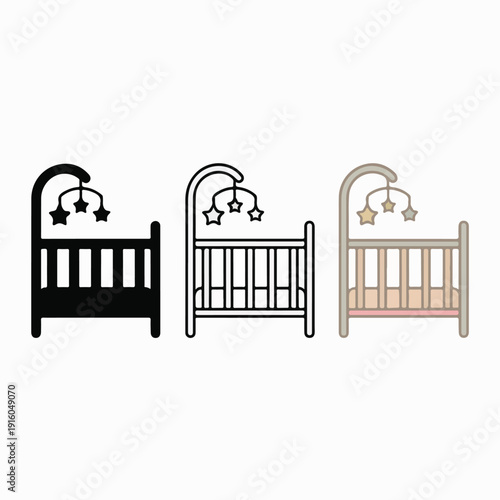 Baby Crib Icons – Solid, Outline & Pastel Color Variants – Vector Nursery UI Set for Apps & Websites