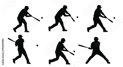 Baseball players in action depicting a swing sequence silhouette