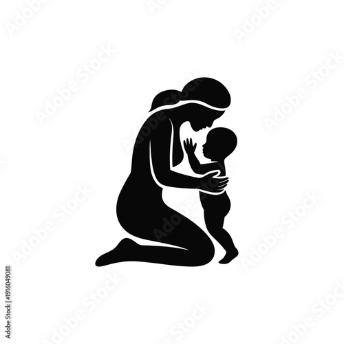 A mother kneeling down and holding her little child tightly in a loving embrace.