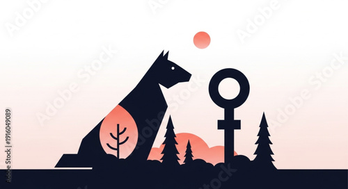Stylized Silhouette of a Dog with Female Symbol and Trees.