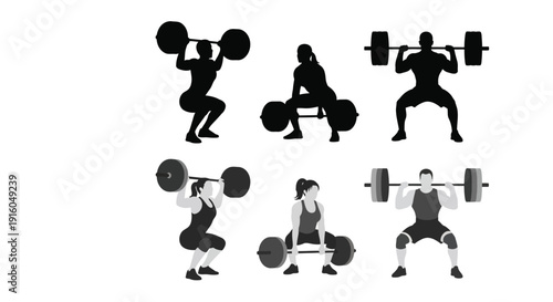 Weightlifting poses depicted as black silhouettes high quality