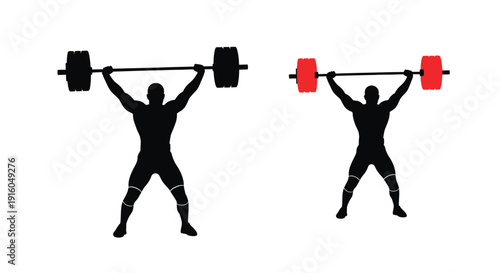 Two weightlifters powerfully lifting barbells in a striking silhouette