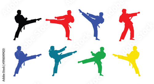 Colorful martial arts poses depicted in dynamic silhouettes
