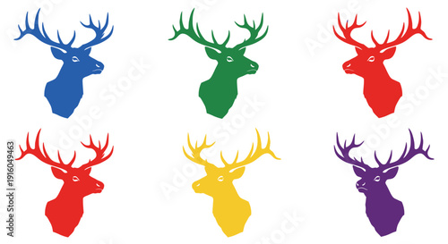 Colorful deer heads arranged in a grid striking silhouette