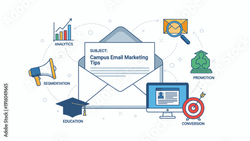 Flat lay of a graphic design illustrating campus email marketing tips with various icons on a white background.