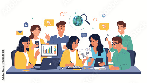 Illustration of a diverse group of coworkers collaborating around a laptop with graphs and papers in a modern office setting with a professional and productive mood.