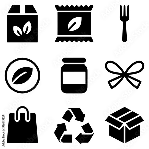 Nine black and white icons showing coffee bag chip packet fork coffee bean jar ribbon shopping bag recycling symbol box on transparent background