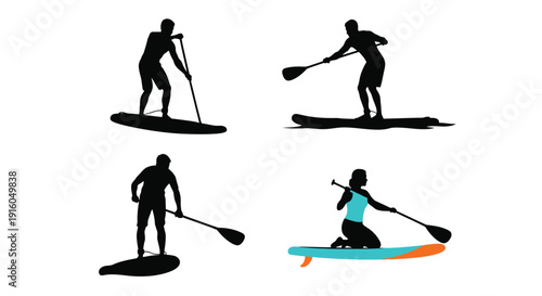 Four figures paddleboarding showcasing dynamic poses in black silhouette