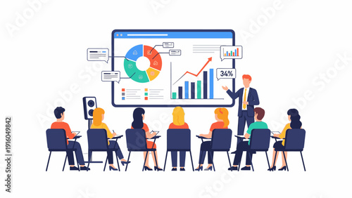 Illustration of a diverse group of people sitting in a meeting with a presenter standing and pointing at a large screen displaying graphs and charts.