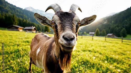 Funny goat licking its nose in an alpine pasture at sunset. Close-up of a farm animal with mountains in the background