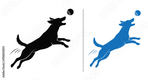 A playful dog jumps for a ball in contrasting color schemes silhouette