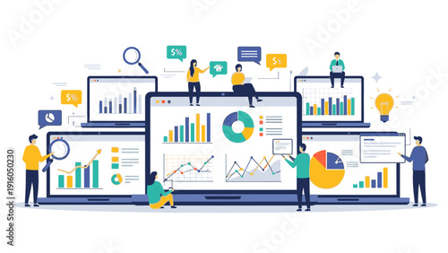 Flat illustration of business people analyzing data on multiple computer screens with graphs and charts in a colorful office setting.