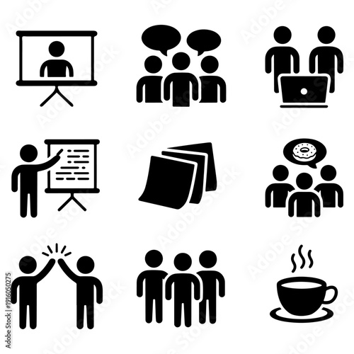 Nine black icons showing presentations discussions laptops handshakes documents coffee and group interactions isolated on transparent background