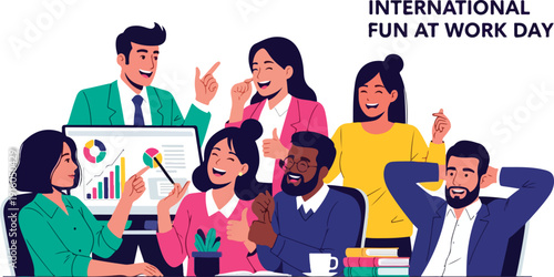 Smiling diverse coworkers celebrating International Fun at Work Day in a modern office