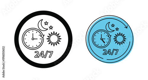 Two circular icons depicting 24 7 time with sun and moon silhouette