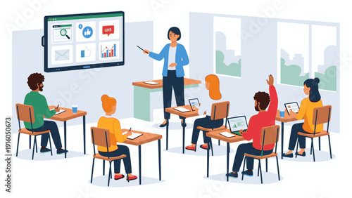 Illustration of a teacher presenting to a classroom of students sitting at desks with laptops in a modern educational setting.