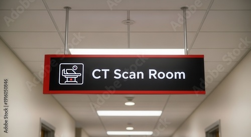 CT Scan Room Sign in a Hospital Corridor Illuminates Pathway for Medical Procedures