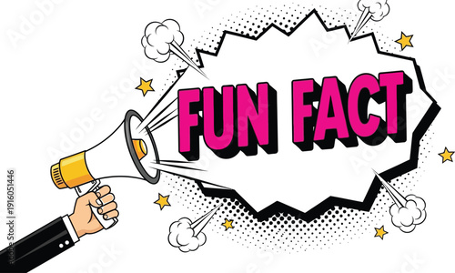 A cartoon hand holds a megaphone announcing a fun fact within a comic book style speech bubble.