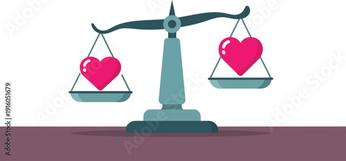 A classic balance scale weighs two bright pink heart shapes, suggesting emotional equilibrium or equal measure.