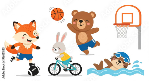 Cute cartoon animals playing sports and games together.