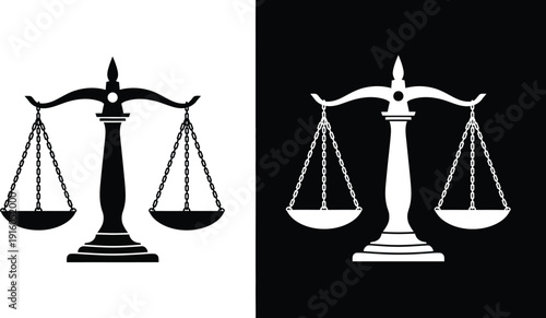 The classic scales of justice symbol is presented in both black on white and white on black contrasting silhouettes.