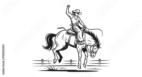 Cowboy riding a bucking bronco horse in a rodeo event.
