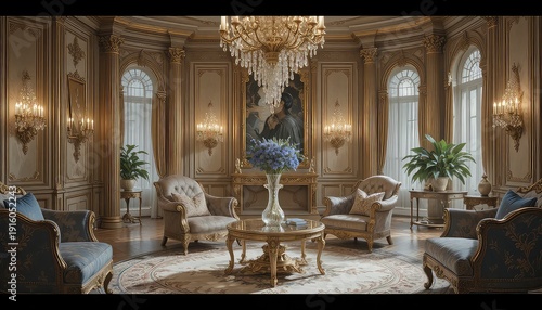 Luxurious living room with elegant furniture and crystal chandelier