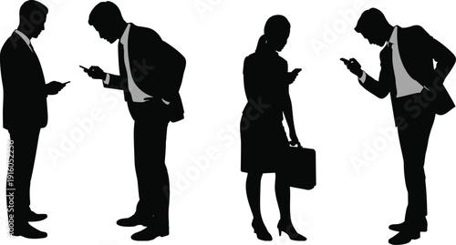 Business professionals engrossed in smartphones, modern workplace communication, digital distraction, corporate lifestyle, technology dependence, office interaction, teamwork