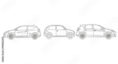 Three outline drawings of cars in a row.