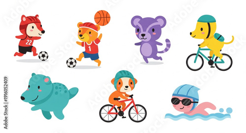 Cute cartoon animals playing sports and cycling.