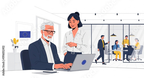 European Union Age Diversity Strategy Illustration with Knowledge Sharing Between Senior and Junior Colleagues