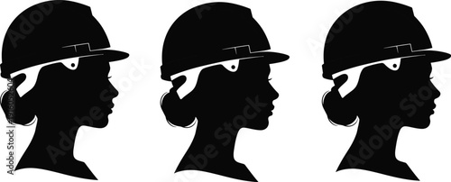 Silhouette construction worker profile with hard hat safety helmet, industrial labor icon, engineering workforce symbol, occupational safety representation